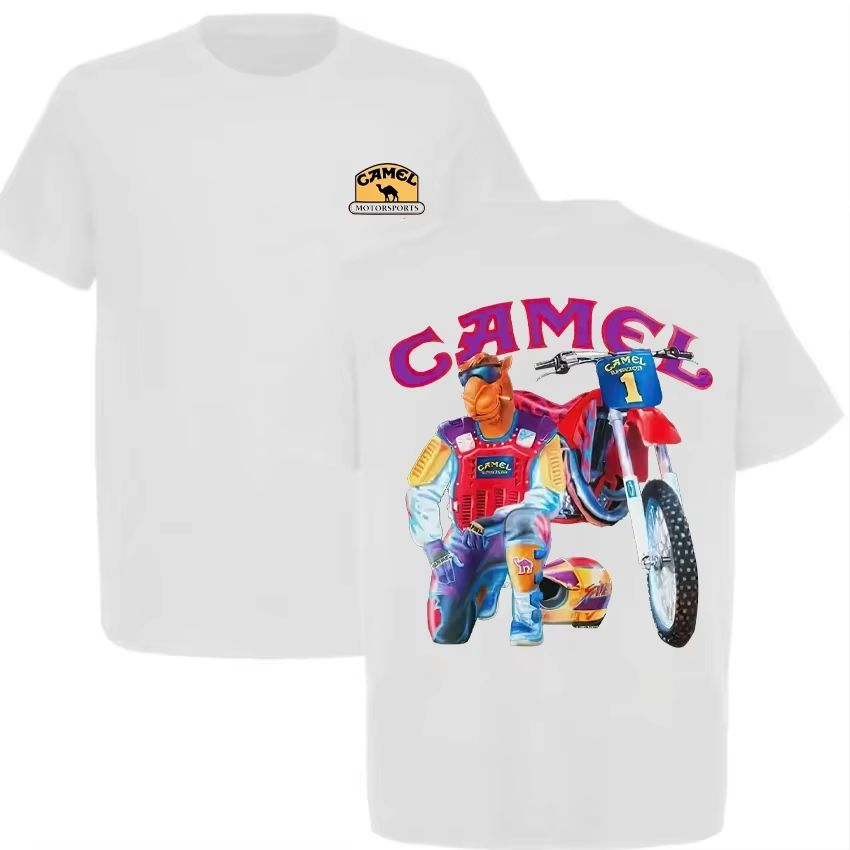 Off White Streetwear Brand - Biała Koszulka Vintage z Grafiką Motocykla